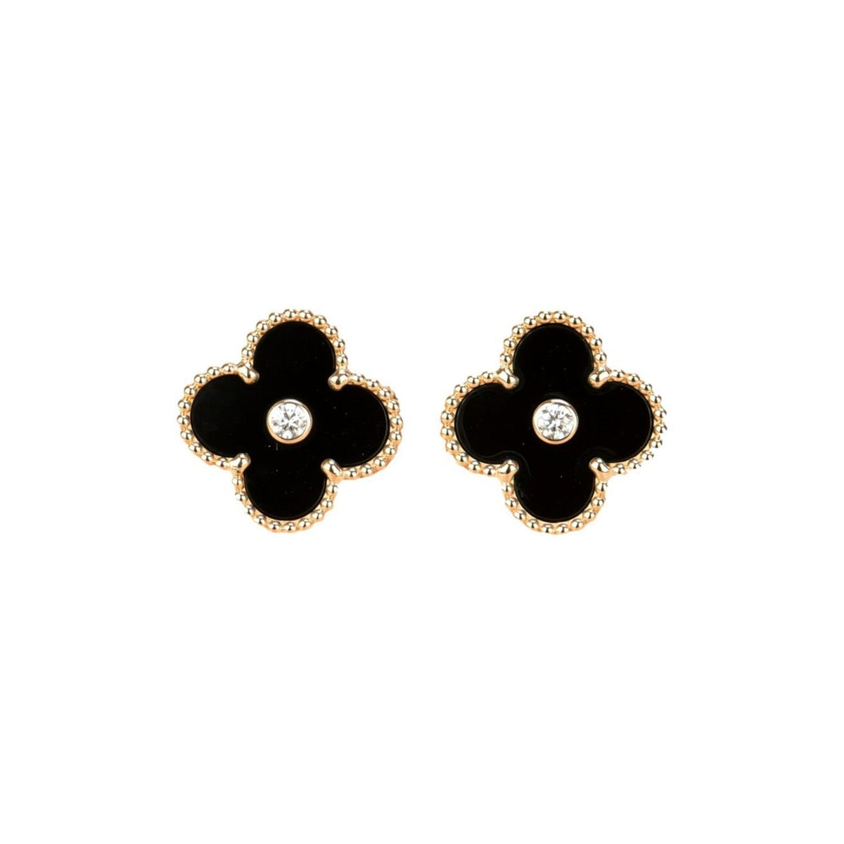 [⭐Aura]CLOVER MEDIUM 1 MOTIFS ONYX DIAMOND EARRINGS