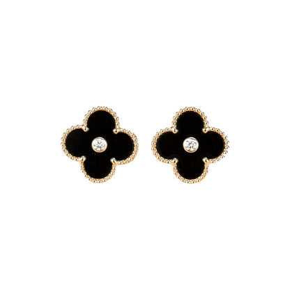 [⭐Aura]CLOVER MEDIUM 1 MOTIFS ONYX DIAMOND EARRINGS