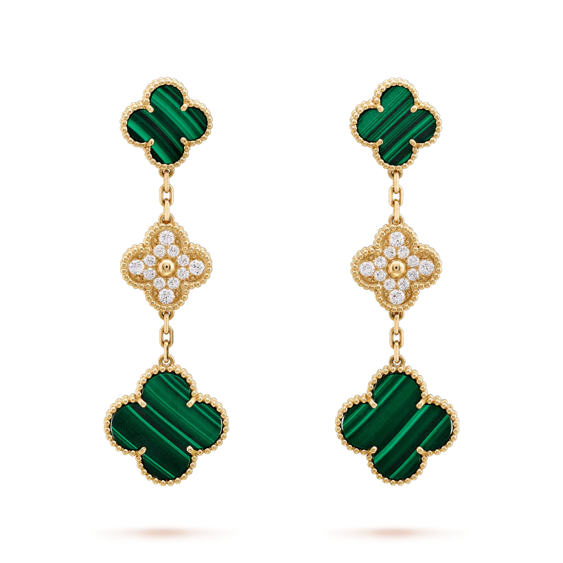 [⭐Aura]CLOVER EARRINGS GOLD MALACHITE DIAMOND 3 MOTIF