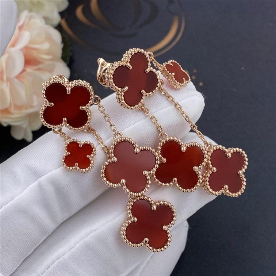[⭐Aura]CLOVER EARRINGS CARNELIAN 4 MOTIFS PINK GOLD