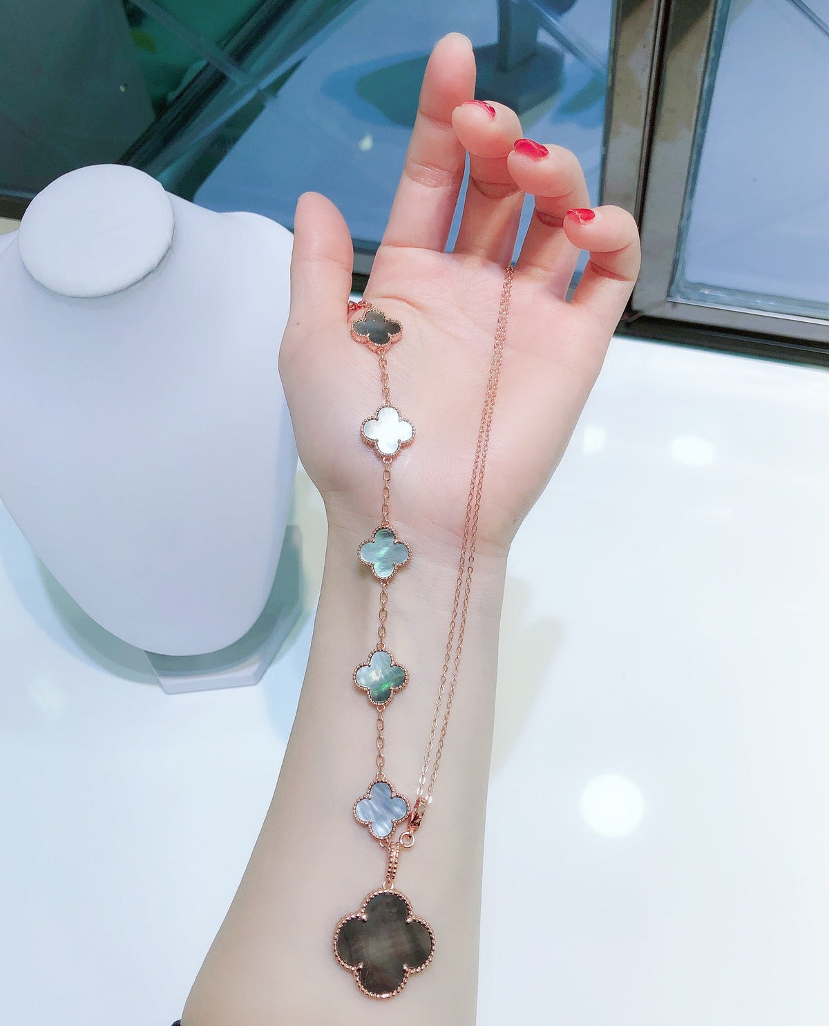[⭐Aura]COMBINED BRACELET 5 MOTIFS AND NECKLACE DARK MOP ROSE GOLD