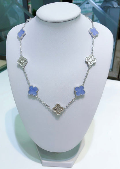 [⭐Aura]CLOVER 10 MOTIFS CHALCEDONY DIAMONDS SILVER NECKLACE