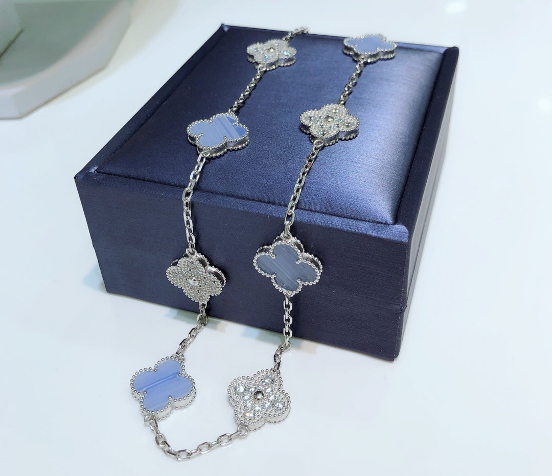 [⭐Aura]CLOVER 10 MOTIFS CHALCEDONY DIAMONDS SILVER NECKLACE