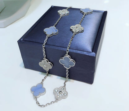[⭐Aura]CLOVER 10 MOTIFS CHALCEDONY DIAMONDS SILVER NECKLACE