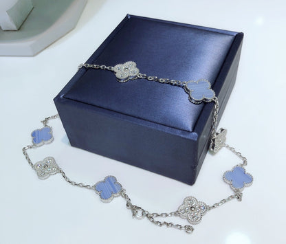 [⭐Aura]CLOVER 10 MOTIFS CHALCEDONY DIAMONDS SILVER NECKLACE