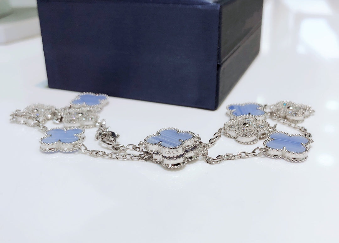 [⭐Aura]CLOVER 10 MOTIFS CHALCEDONY DIAMONDS SILVER NECKLACE