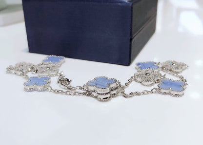 [⭐Aura]CLOVER 10 MOTIFS CHALCEDONY DIAMONDS SILVER NECKLACE