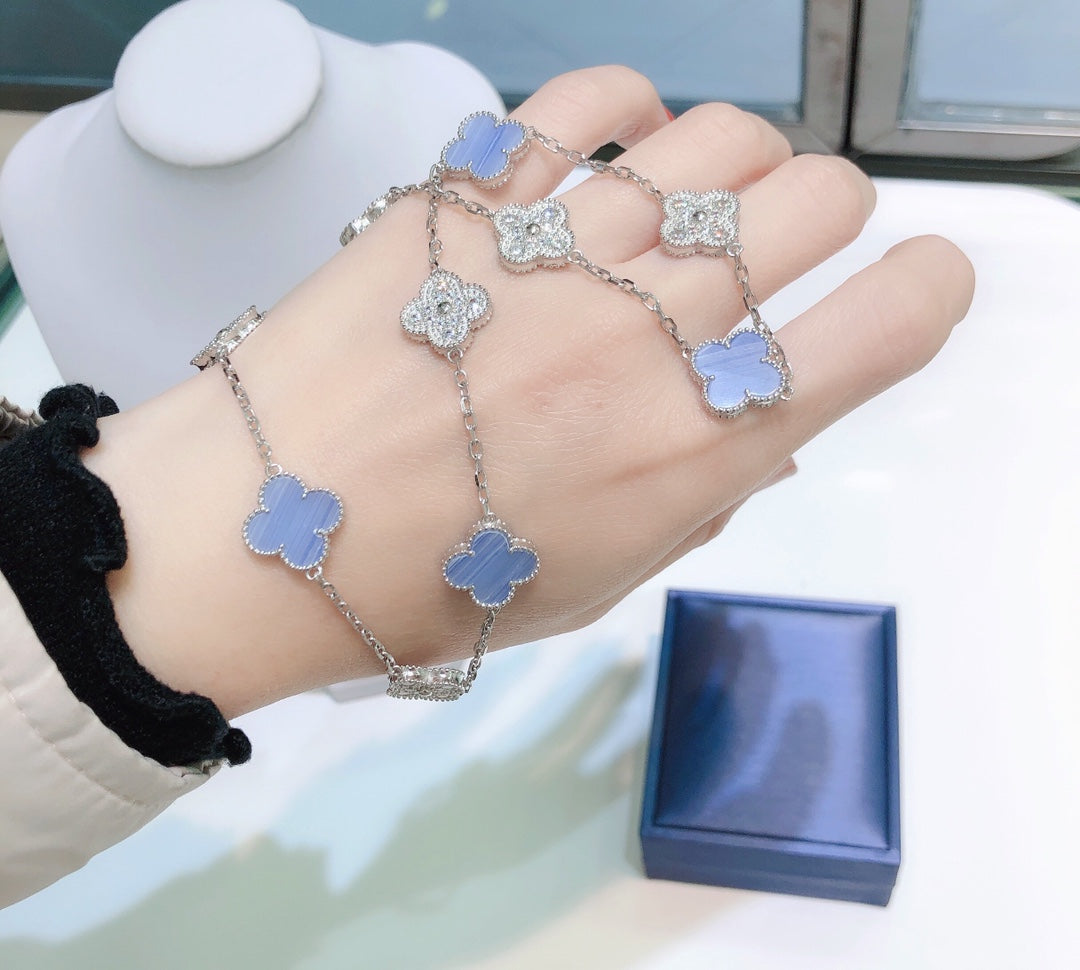 [⭐Aura]CLOVER 10 MOTIFS CHALCEDONY DIAMONDS SILVER NECKLACE